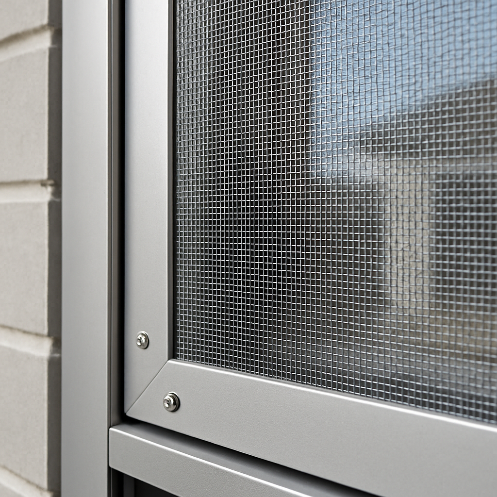 Close-up of premium aluminium security screen frame and stainless steel mesh on an Australian home window