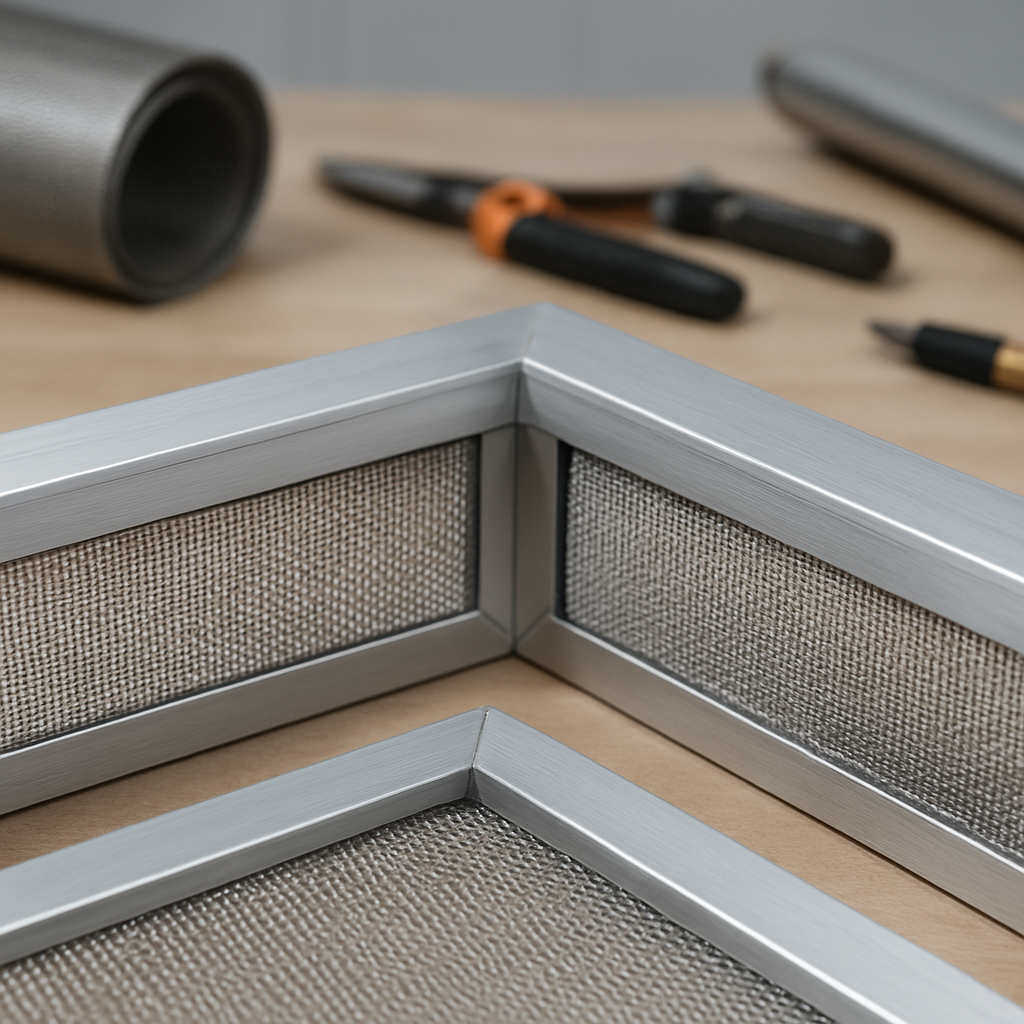 Custom aluminium screen frame and mesh being fabricated in workshop