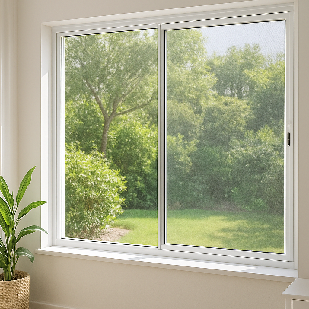 White aluminium fly screen on a large window with garden view beyond
