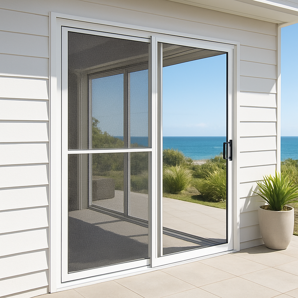 White aluminium sliding screen door opening to a patio area