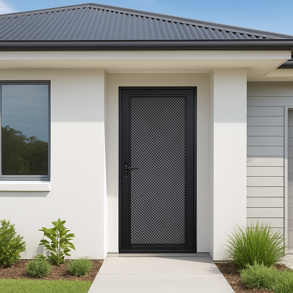 Black aluminium security screen door on a modern Australian home entrance